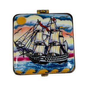 VTG Agiftcorp Boston Trinket Box Clipper Ship 2" Map of World Gold Tone Flower